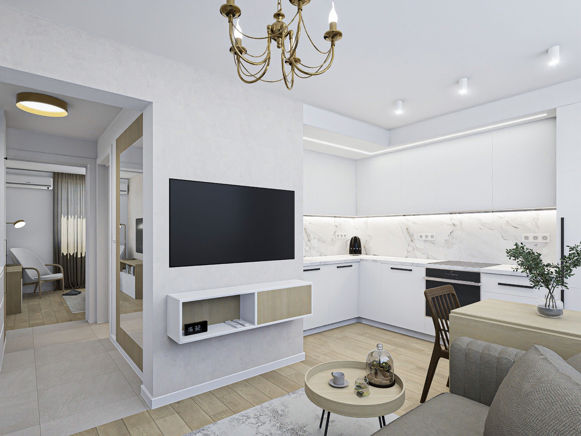 AI render (najnovije na tržištu): Dnevni boravak sa otvorenom kuhinjom, dnevna atmosfera